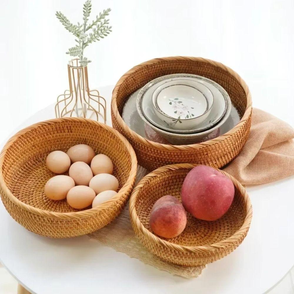 Large Capacity Round Rattan Storage Tray Plastic Bread Fruit Storage Tray  Living Room