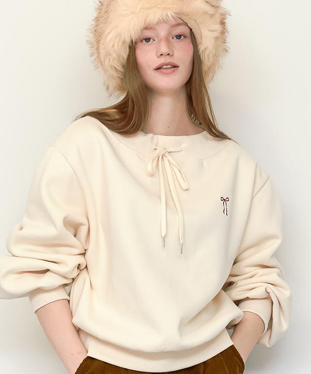 RONRON Heart Ribbon Neck String Sweatshirts Cream