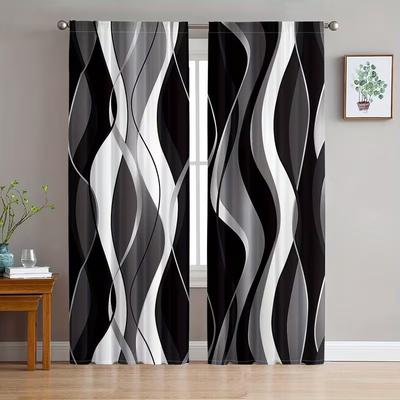 2pcs Black and White Wave Patterned Curtains   Design for Living Room Bedroom Modern Home Window Decoration   Rod Pocket Curtains
