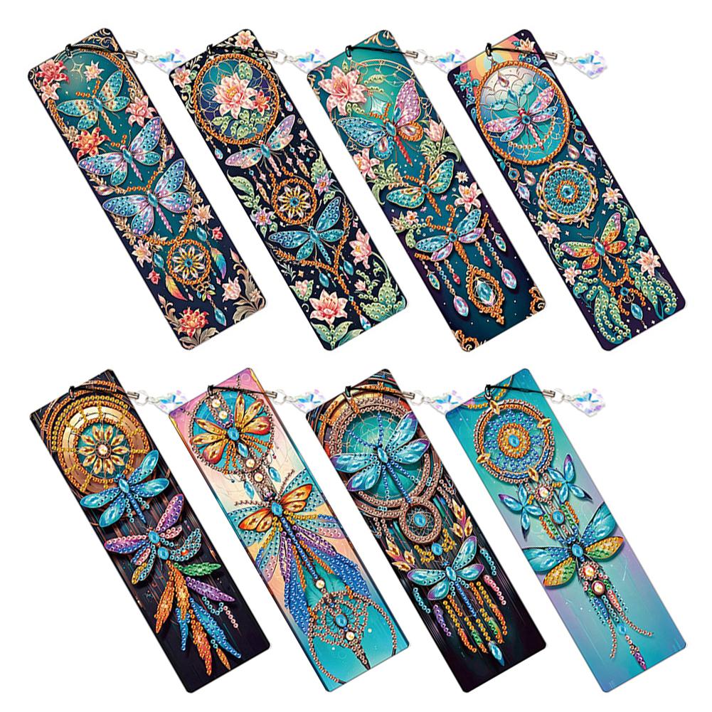 8Pcs Diamond Painting Art Bookmarks Colored Patterns DIY Diamond Painting Bookmark with Crystal Pendants for Reading Enthusiasts