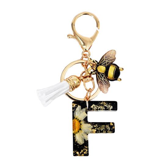 Dried Flower Letter Charm Bee Keychain Pendant Resin Black 1 Pc