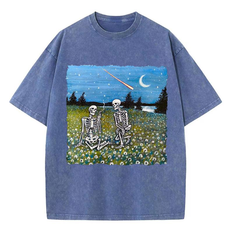 Sommar T-shirt Dödskalle Ställ Tryck Tvättad Oversized Kortärmad Casual Retro Outfit Y2K Damkläder