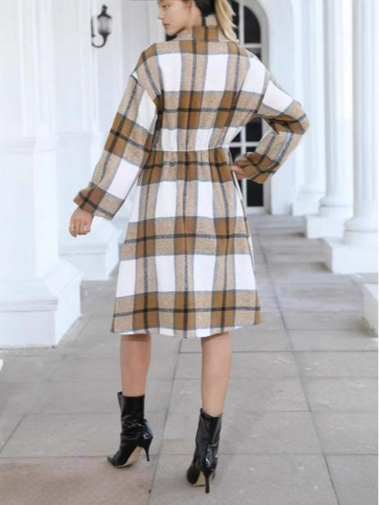 Plus Size 2005 European & American Plaid Jumpsuit: Casual Lapel Waist-Hugging Long-Sleeved Dress