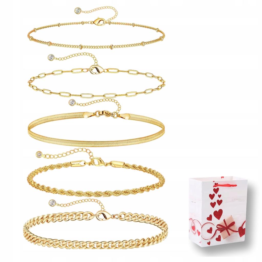 Women's Set of 5 Gold Chain Bracelets Thin Surgical Steel