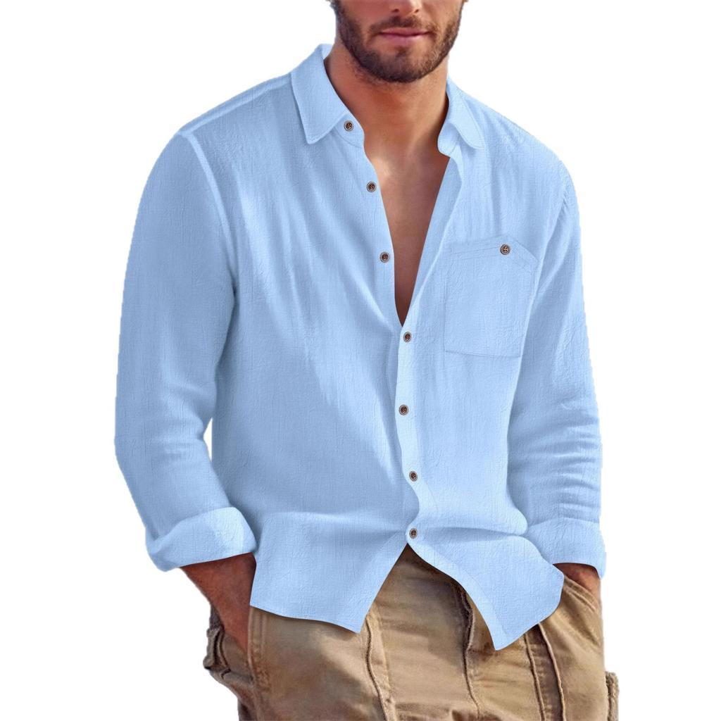 Autumn New Arrival Men's Solid-Colour Collared Cardigan Linen Loose-Fit Casual Long-Sleeved Shirt