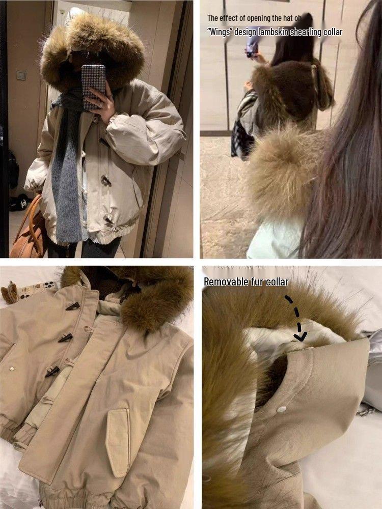 Women's Retro Hooded Cotton Jacket with Fur Collar - Winter 2025, Cowhorn Buttons, and Spandex for Warmth