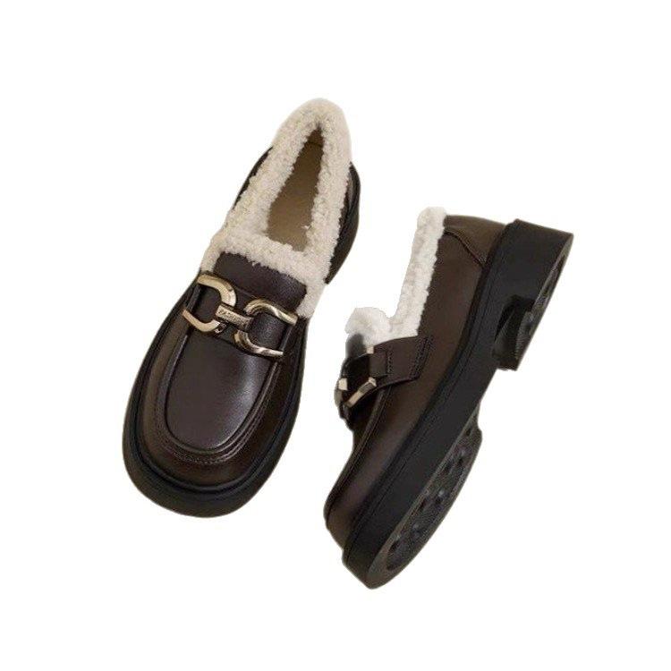 Black thick-soled thick-heeled small leather shoes, new retro British style velvet thermal cotton shoes in autumn and winter
