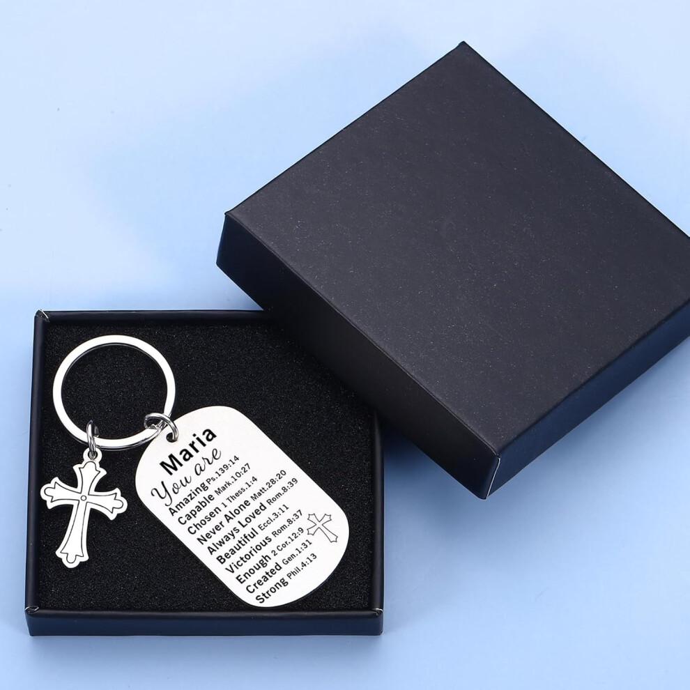 Personalized May Day Basket Gift with Bible Verse Keychain – Custom Name Cross Keychain for First Communion, Baptism – Compatible with Teens &