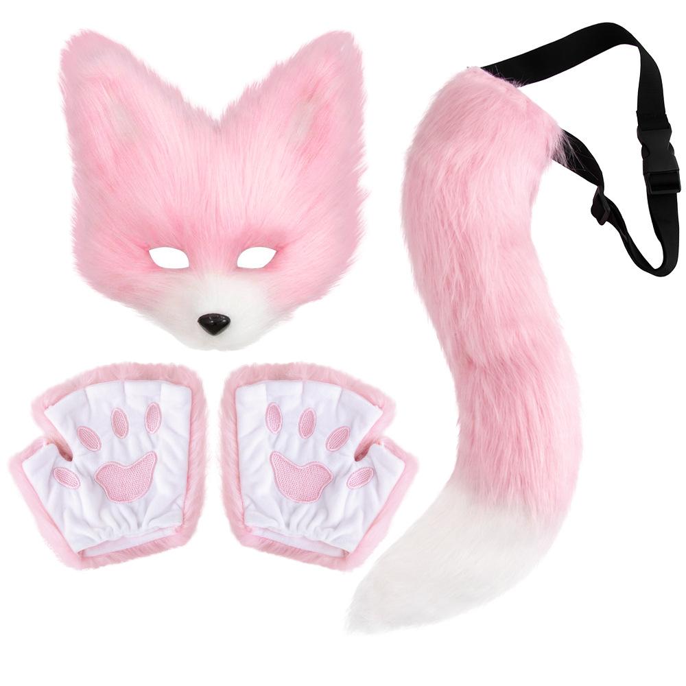 Faux Fur Cat Fox Mask Tail Paw Gloves Set Therian Costume Kit for Women Girls Adult Halloween Cosplay Masquerade Party