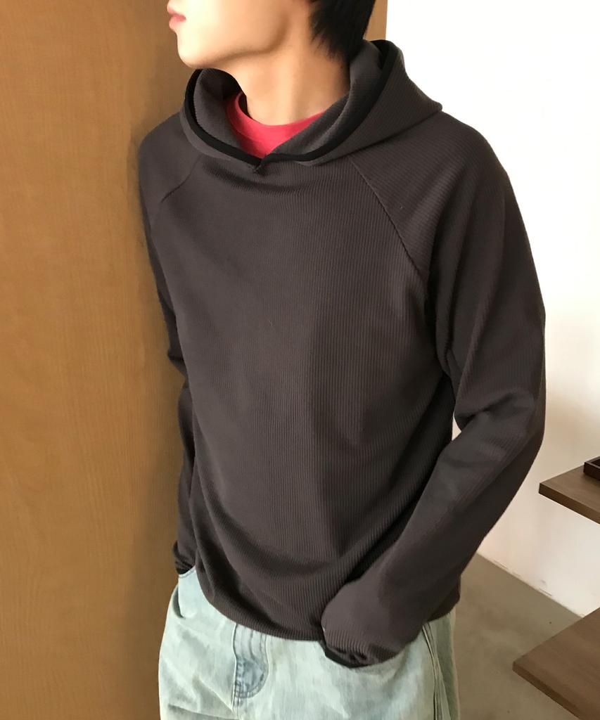Ribbed Hooded Long Sleeve T-Shirt [Charcoal]