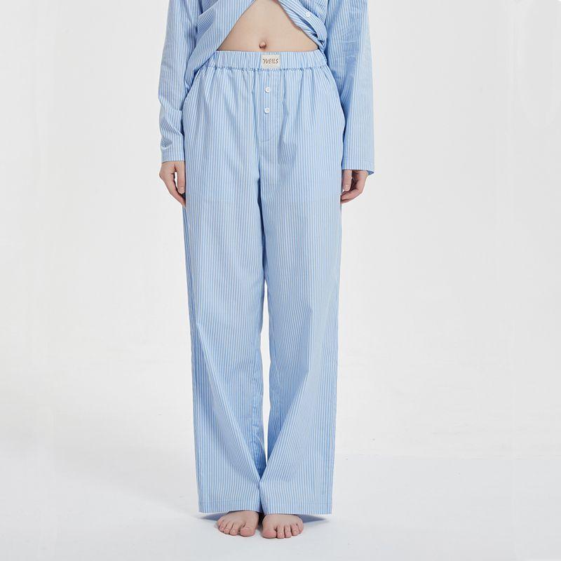Classic Blue and White Stripes Cotton Women's Long-Sleeved Shorts Pajamas