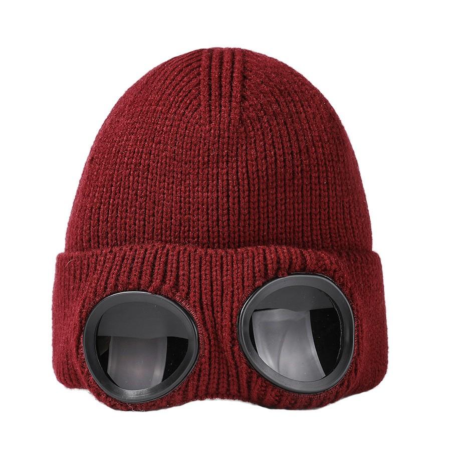 Men's and Women's Windproof Glasses and Cashmere Ski Knit Hat Solid Color Warm Woolen Hat