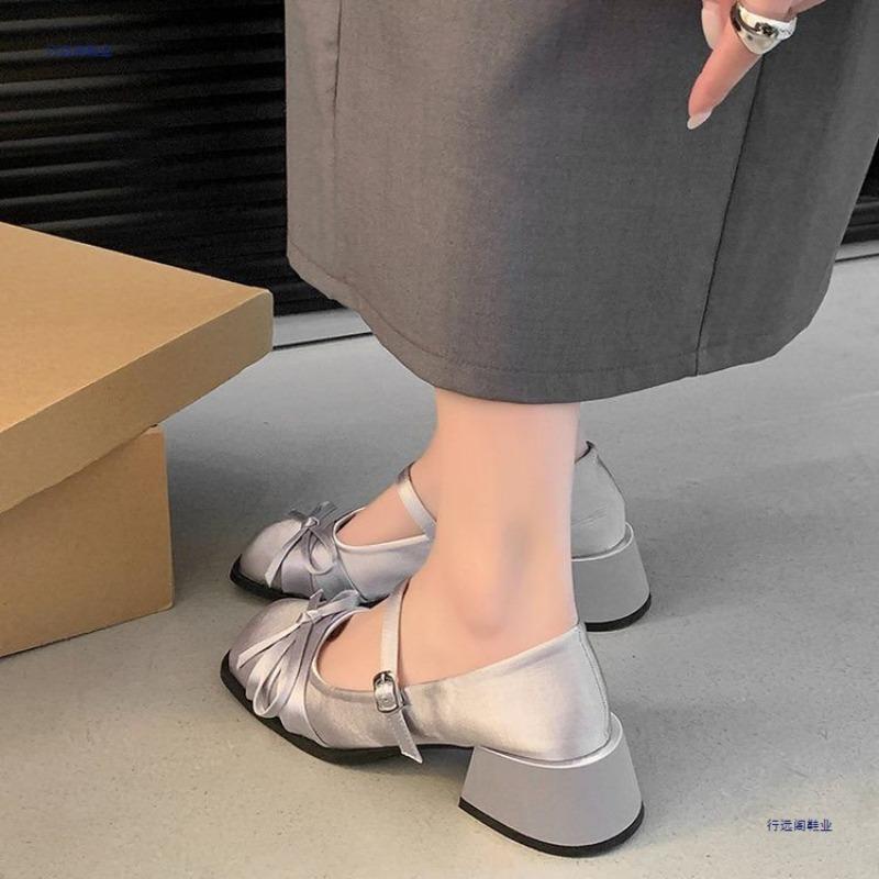 Spring and Summer New Satin Bow Square Head Mary Jane Heels Horseshoe Heel One-word Buckle Single Shoes