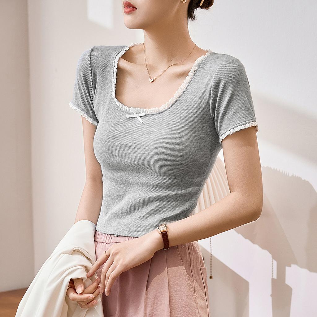 Lace T-shirt Women's Summer New U-neck Bow Short-sleeved Contrasting Top