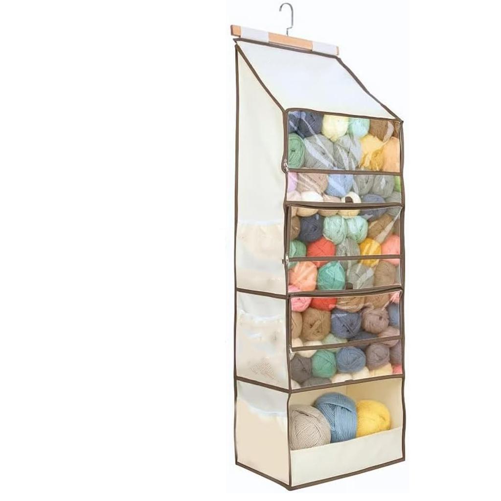 Storage Bag – Large Capacity Hanging Yarn Storage Organizer With 4 Clear Zipper Closure Compartments Pockets & 3 Side Crochet/Knitting Needles Pockets