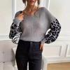 Harajuku Leopard Printing Stitching V-neck Sweater Autumn Winter Casual Loose Knitted Sweaters Tops for Women Bottoming Pullover