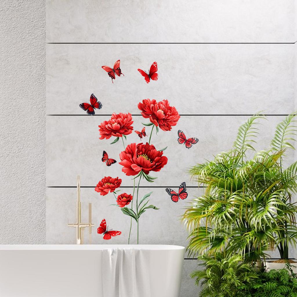 Creative Red Flower Butterfly Sticker Self-Adhesive Wall Decal for Living Room Bedroom Entrance Home Decoration