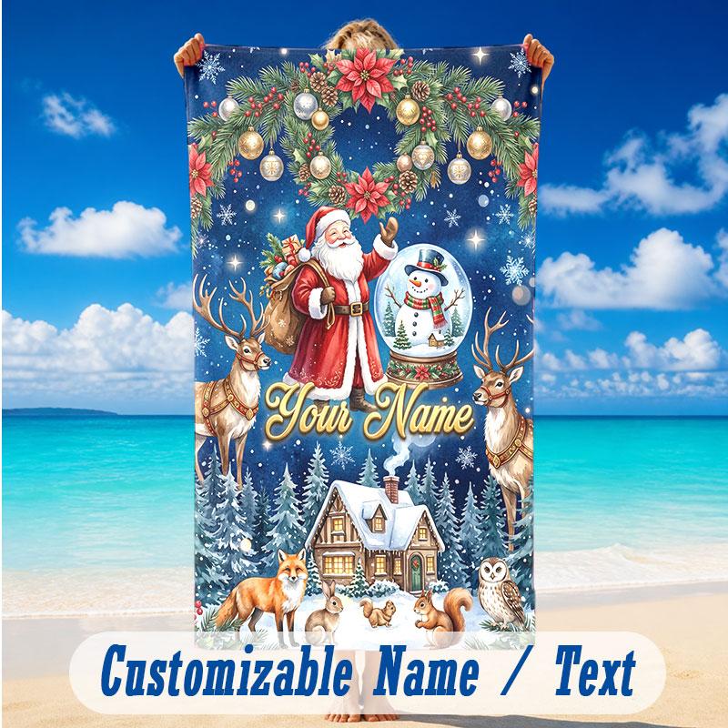 Christmas Theme Beach Towel Personalized Custom Name & Text Soft Quick Dry Beach Towel for Swimming Travel