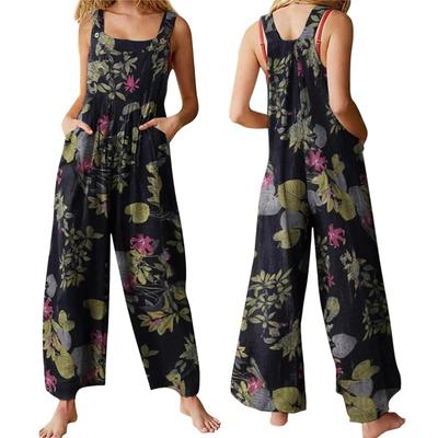 Women Ethnic Style Jumpsuits Summer Overalls Multicolor Square Neck Sleeveless Casual Rompers with Pockets for Girls Playsuit