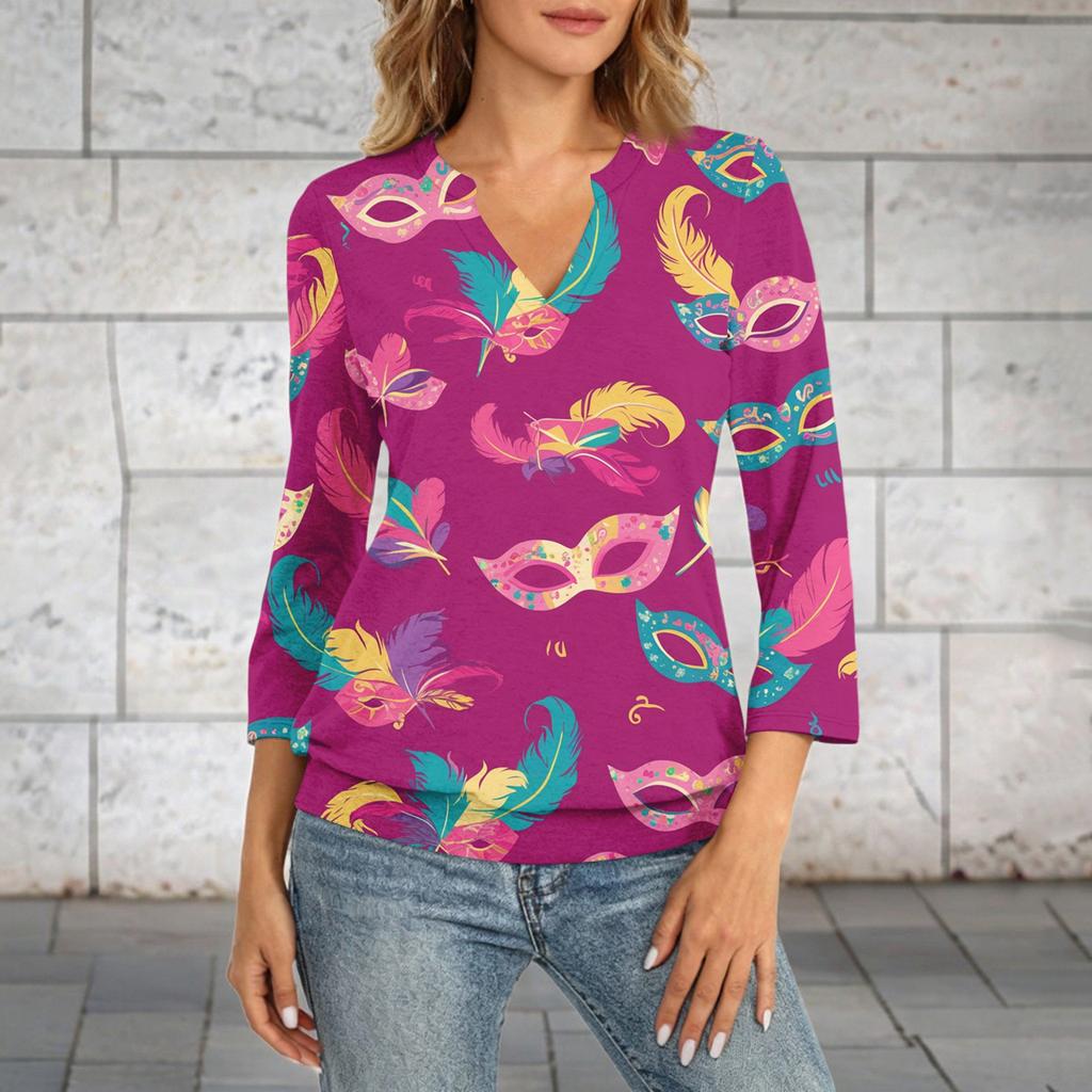 Women's 3/4 Sleeve Top With Cuffed Hem, V-Neck, Summer Casual -Shirt, Carnival Printed Top