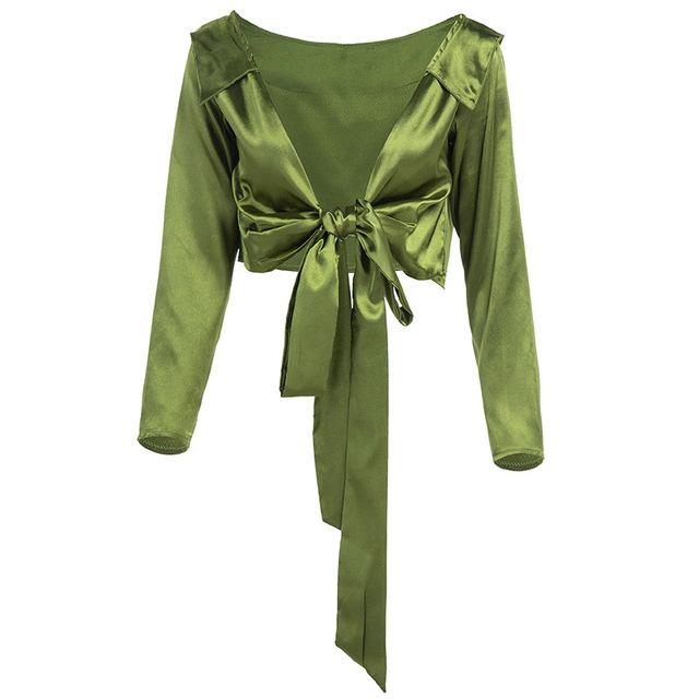 

Сексуальная женская блузка-рубашка с длинным рукавом, топы с V-образным вырезом и блузки, весна 2020, элегантные однотонные короткие топы со шнуровкой и кружевом L зелёный