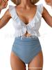 New one-piece swimsuit women's belly V-neck pleated swimsuit, thin hollow flying edge swimsuit