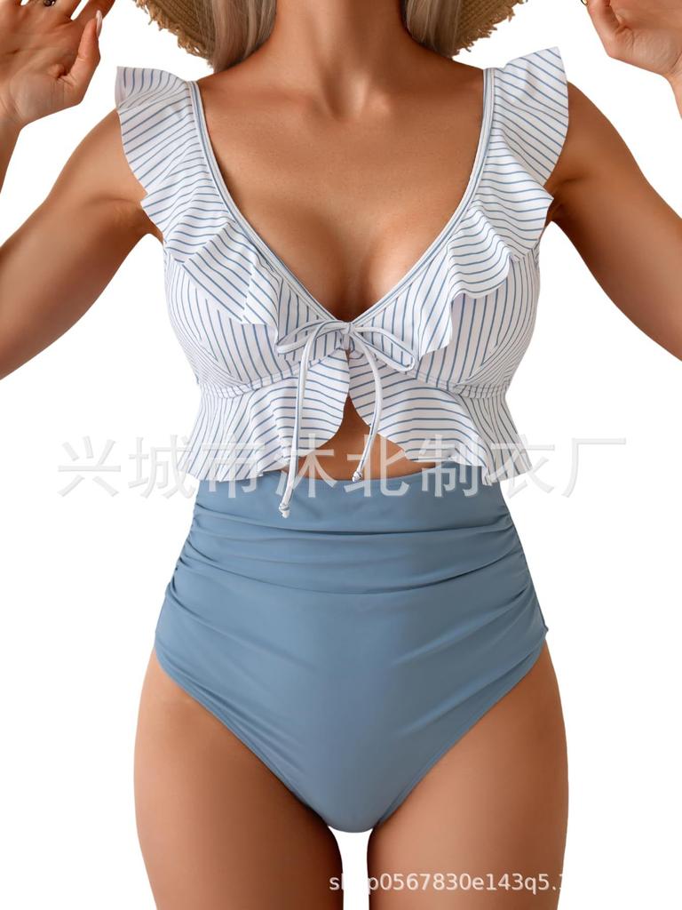 New one-piece swimsuit women's belly V-neck pleated swimsuit, thin hollow flying edge swimsuit