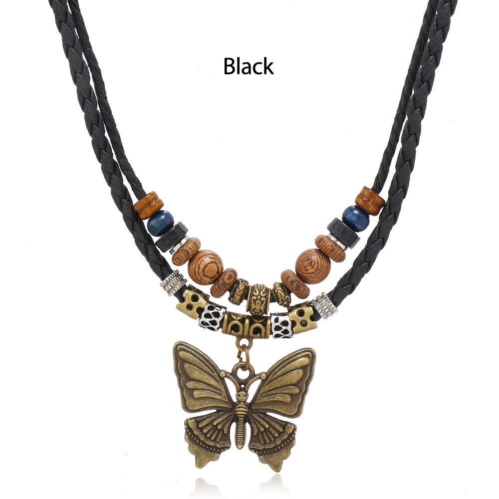 

Vintage Metal Butterfly Pendant Choker Necklace For Women Multi-layered Braid Leather Rope Chain Female Bohemia Handmade Jewelry чёрный