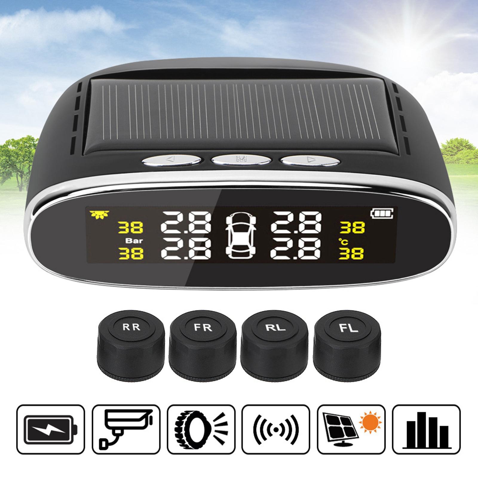 Car Tyre Pressure System Solar, Safety Monitor with 4pcs LCD Display, Tyre Pressure Temperature Warning Alarm Monitor Systems