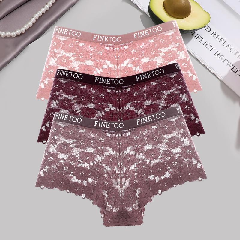 3Pcs Lace Hollow Out Boyshorts Women's Sexy Floral Panties 5 Solid Colours Underwear Letter Belt Briefs Perspective Lingerie