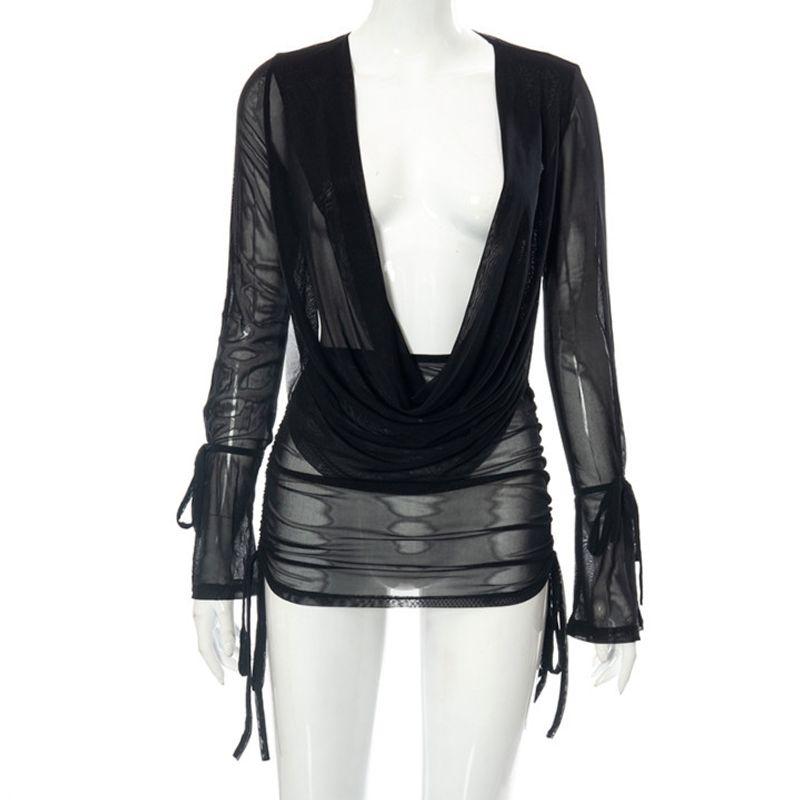 

Костюм Юбка Мода Женский 2023 Весенний Стиль Однотонный Глубокий V Воротник с оборками Сетчатый Прозрачный Плиссировка Платье из двух частей Black M