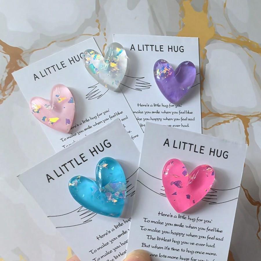 5pcs/Set Heart Shaped Resin Pocket Hug Cards, Multi Color Love Theme Greeting Cards With Invitation Pocket, Gift For Birthday, Wedding,Christmas Day,