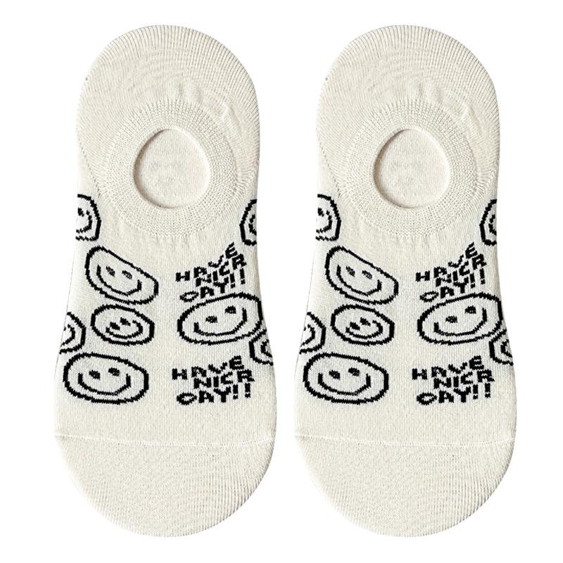 Women's Spring Anti-ball Boat Socks Cartoon Striped Smiling Face Short Socks Shallow Mouth Invisible Cotton Socks