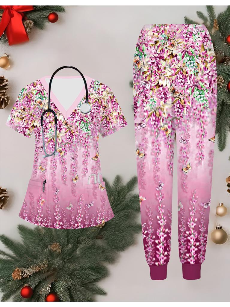 3D Flower Printed Women's Nurse Uniform Set Short Sleeve Long Pants with Pocket Casual Fashionable Christmas Gift