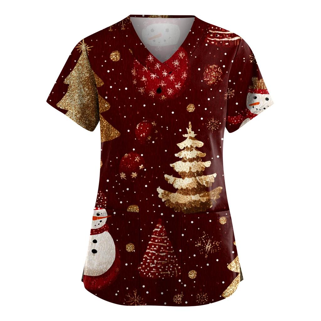 Women's Fashion V-Neck Short-Sleeved Workwear With Pockets Christmas Print Top Caregiver Uniform