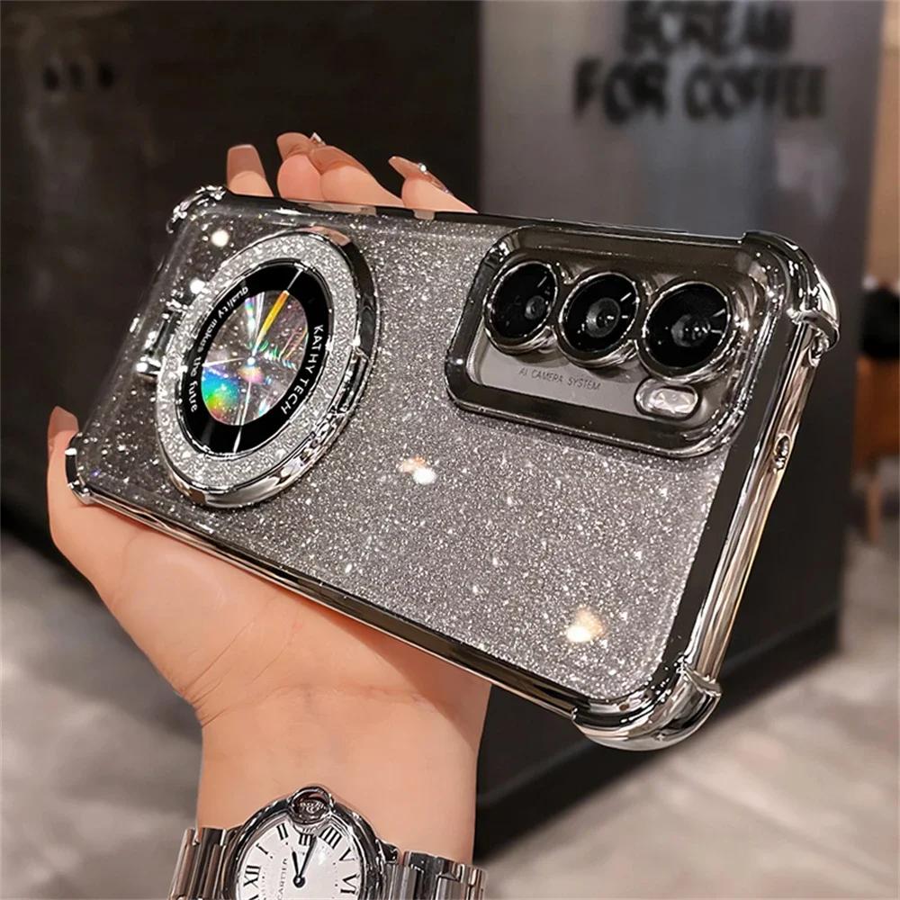 Glitter Bracket Mirror Holder Case for Samsung Galaxy S26FE S25FE S24FE S23FE S21FE Magnetic Stand Clear Gradient Soft Cover