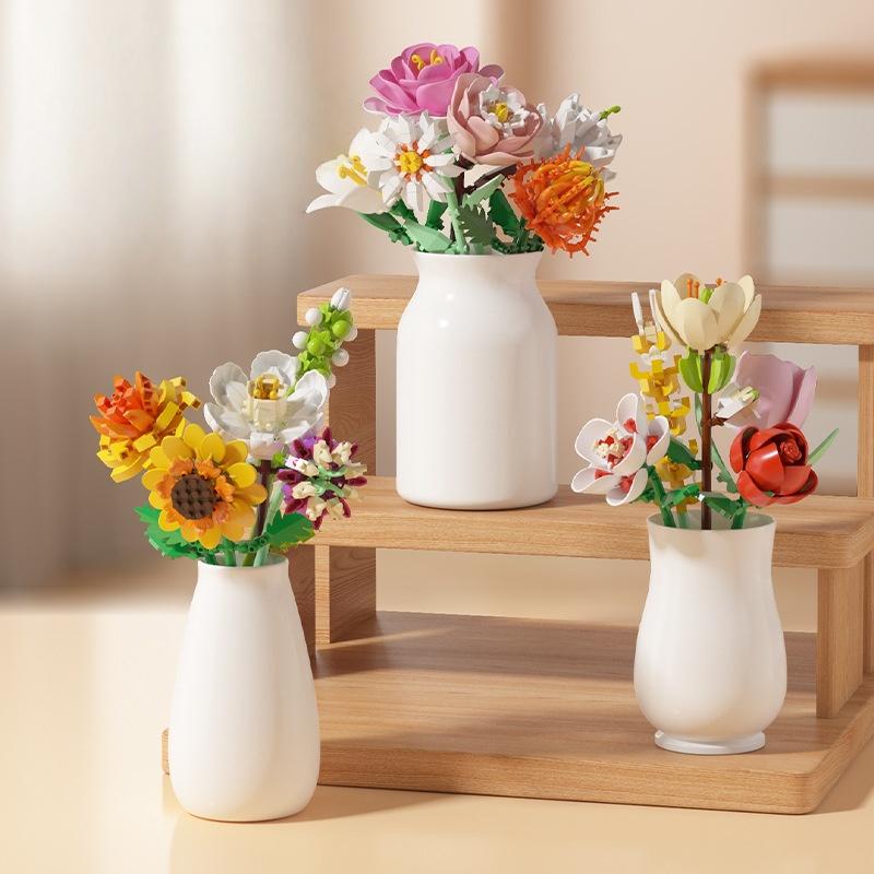 Lowers Bouquet Construction Blocks Set Lily Prickly Daisy Rose Hibiscus Flower Peony Sunflower Tulip Gardenia For Children