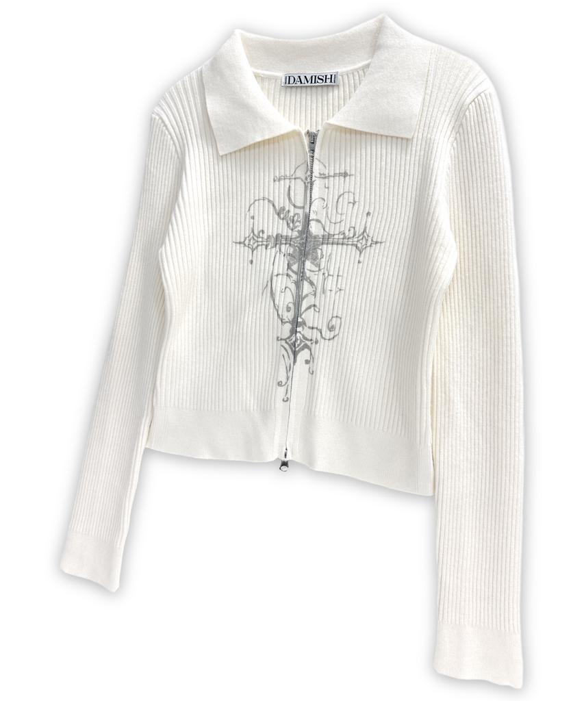 Damiswi Cross Print Ribbed Knit Zip-Up_Ivory