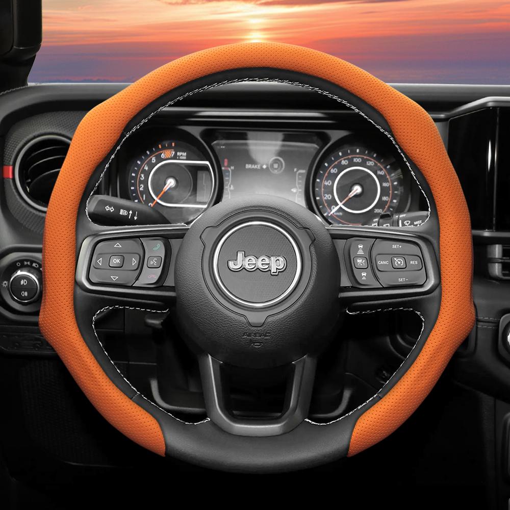 Suitable for Jeep Perforated Leather Steering Wheel Cover, Non-Slip, Sweat-Absorbent, Breathable, Integrated Snap-On Protective Case for Wrangler