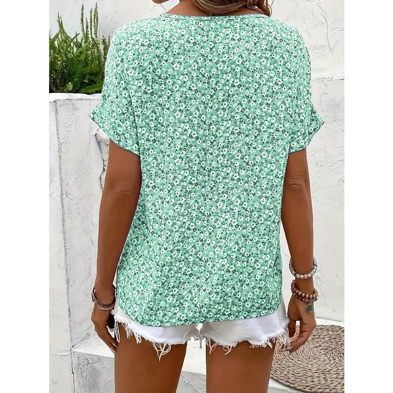 Summer Printed Women's T-shirt Elegant Floral Buttons Short Sleeve Loose Casual T-shirts Women Fashion Vintage Office Ladies Pullover Tee Tops New