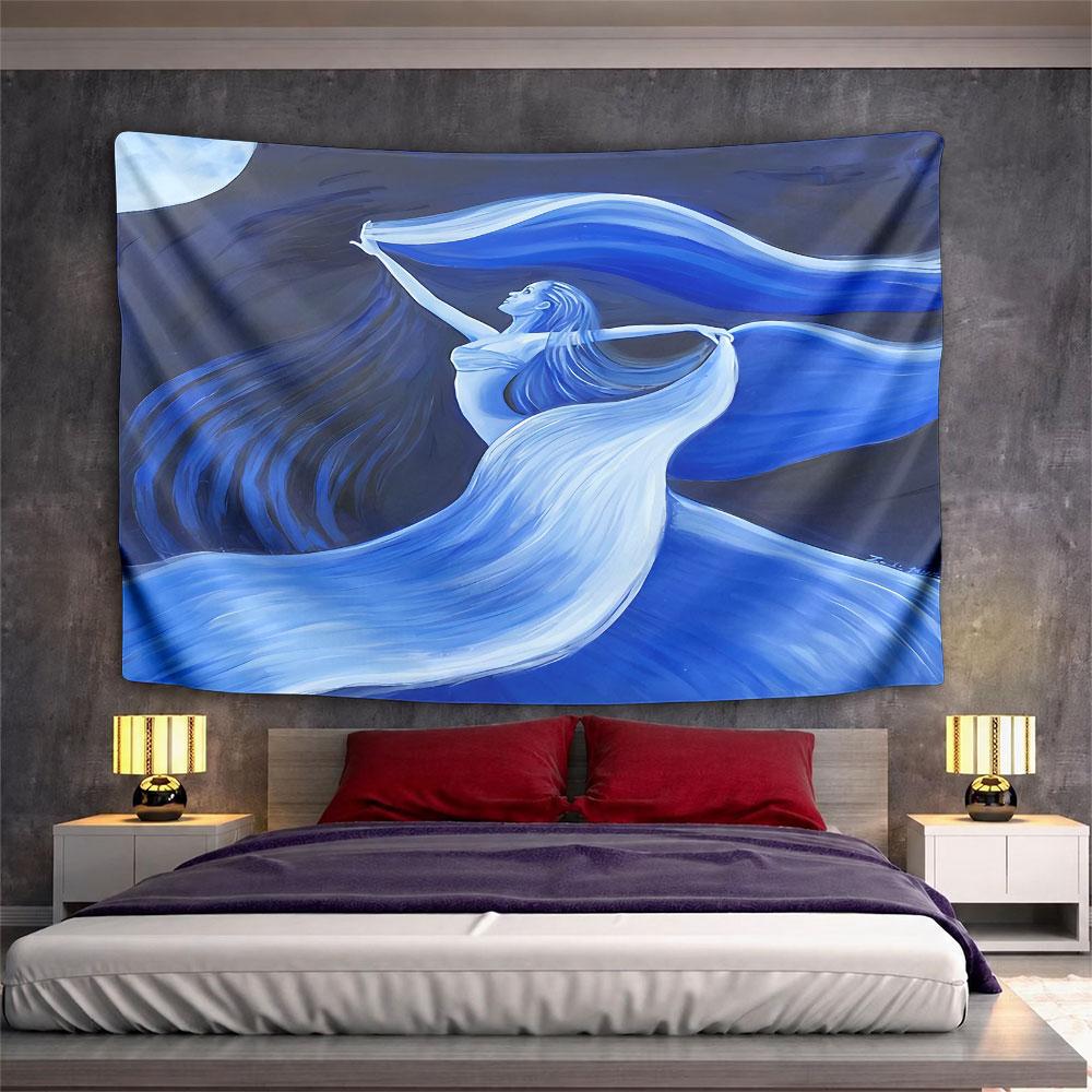 Moonlit Woman Dancing Tapestry Wall Hanging Blue Fluid Art Decor for Bedroom Living Room