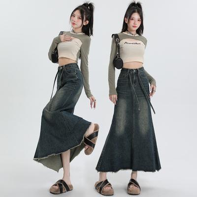 Hochtaillierter Slim Denimrock für Damen im Sommer Dünn Birnenförmige Figur Schnürband-Design Hüfte Fischschwanzrock