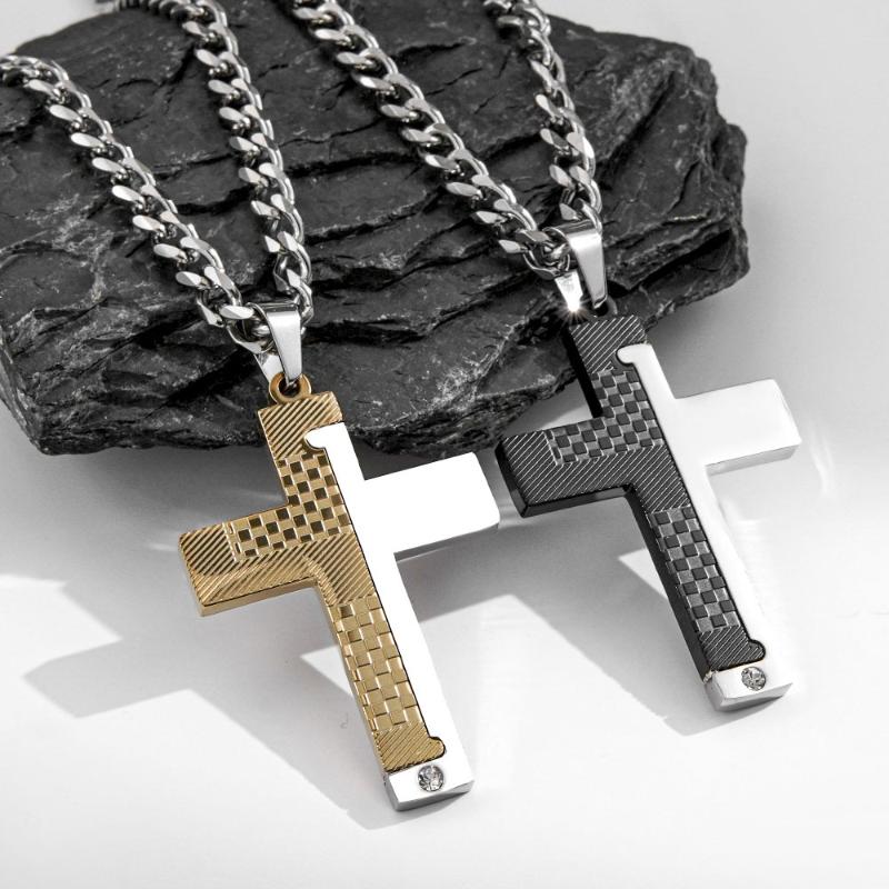 1Pcs Gothic Style Titanium Steel Cross Pendant Necklace, Motorcycle Punk Black Silver Crystal Jewelry For Men N6337
