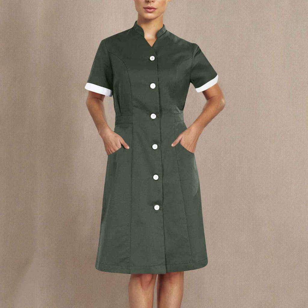 Housekeeping Uniform Dress Womens Button Down Scrub Dresses Short Sleeve Lapel Nursing Shirt Dress with Pockets