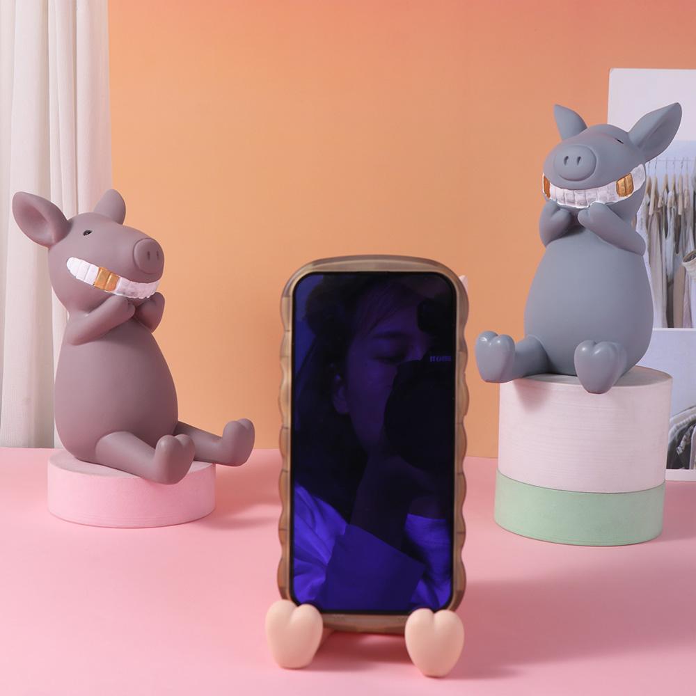 Resin Cartoon Phone Holder Anti-slip Multi-functional Pig Mobile Phone Stand DIY Crafts Figure Cell Phone Bracket