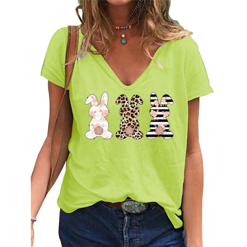 Summer New Casual Daily Versatile Pattern Rabbit 3D Printed Short Sleeved V-neck T-shirt