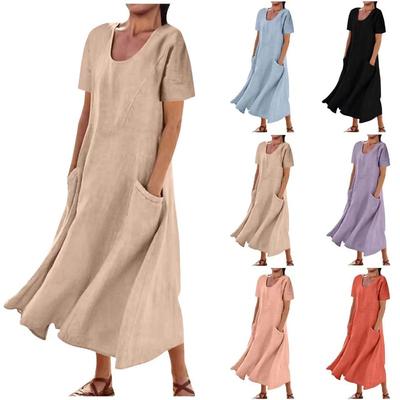 Women's Summer Maxi Dress Crew Neck Short Sleeve Long Dress Loose Solid Color Poket Dress