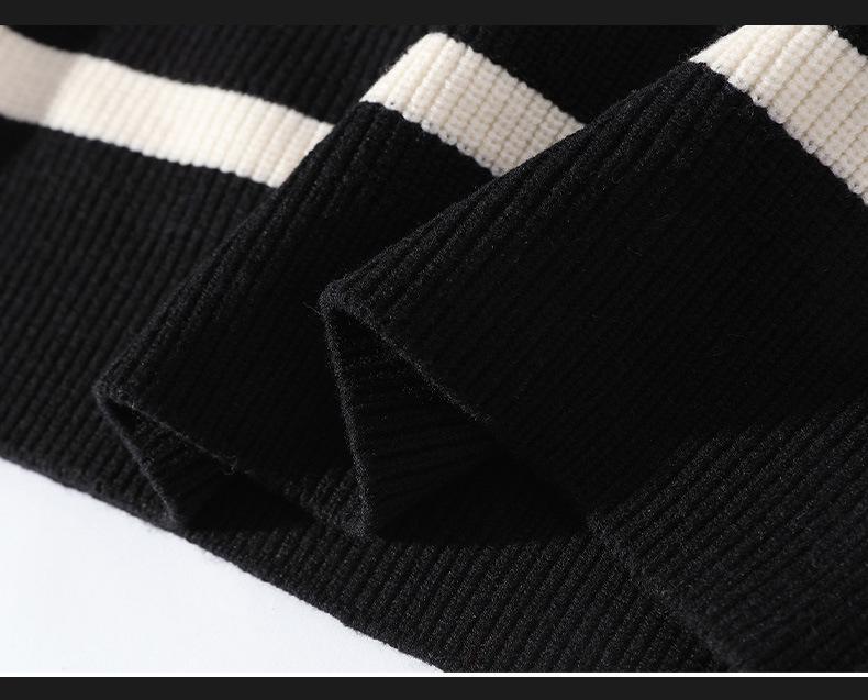 Herren Schwarz-Weiß Gestreifter Pullover mit halbem Reißverschluss und Stehkragen für Frühling & Herbst.