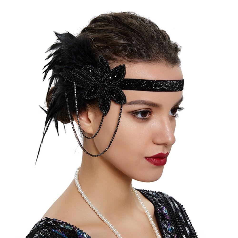 

Rhinestone Black Feather Headband Retro-style Flapper Headpiece Elegant Headband Women