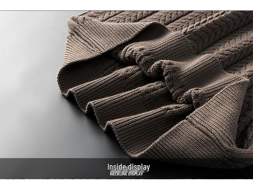 Men's Luxury All-Cotton Knitted Pullover - Thick, Solid Color, Velvet-Lined Cable Knit for Autumn and Winter